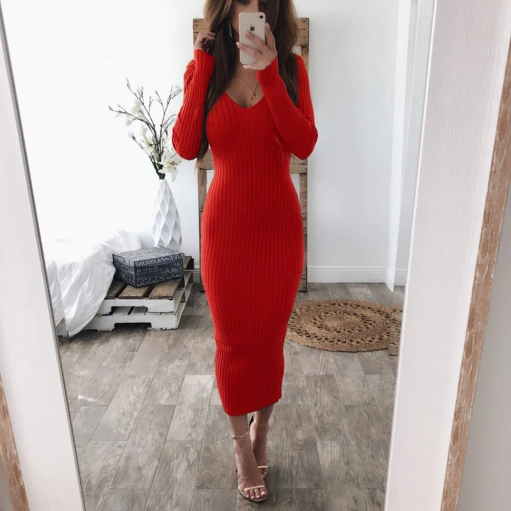 VenusFox  Knitted Long Sleeve V Neck Bodycon Maxi Dress