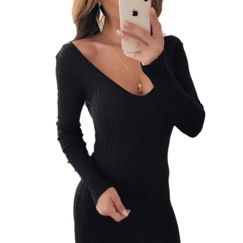 VenusFox  Knitted Long Sleeve V Neck Bodycon Maxi Dress