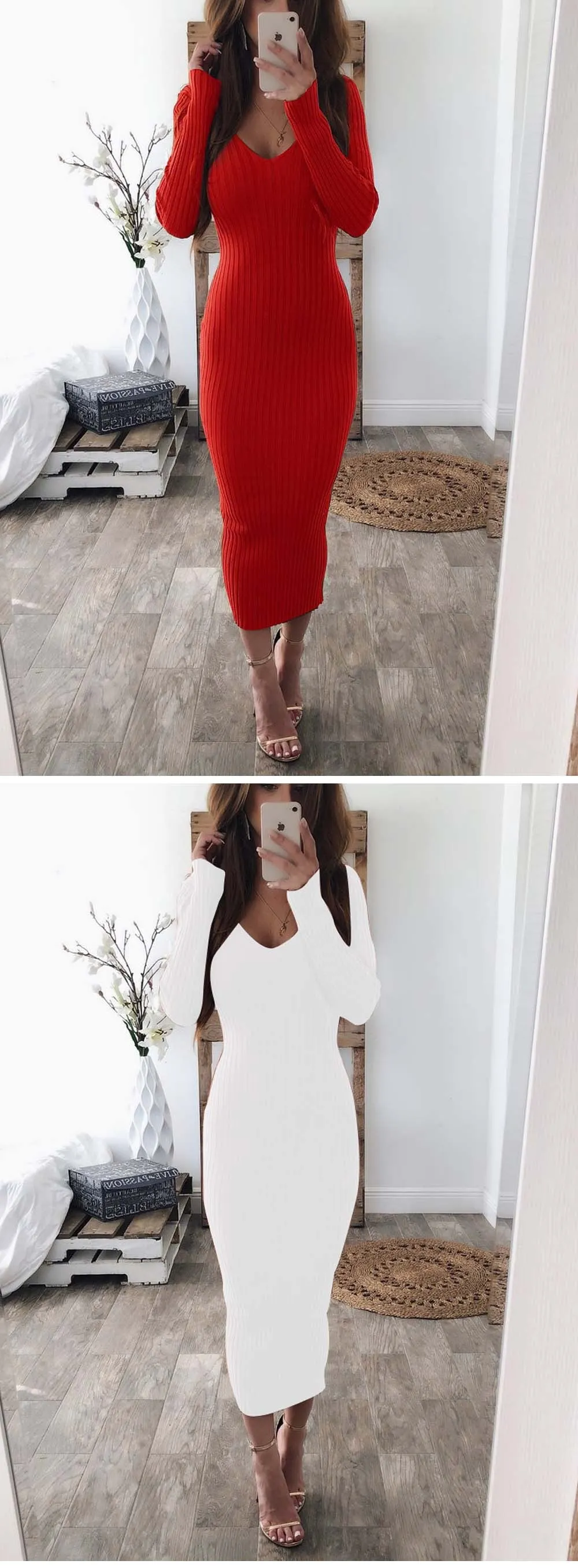 VenusFox  Knitted Long Sleeve V Neck Bodycon Maxi Dress