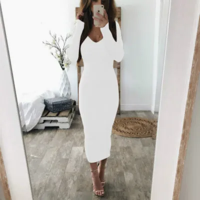 VenusFox  Knitted Long Sleeve V Neck Bodycon Maxi Dress