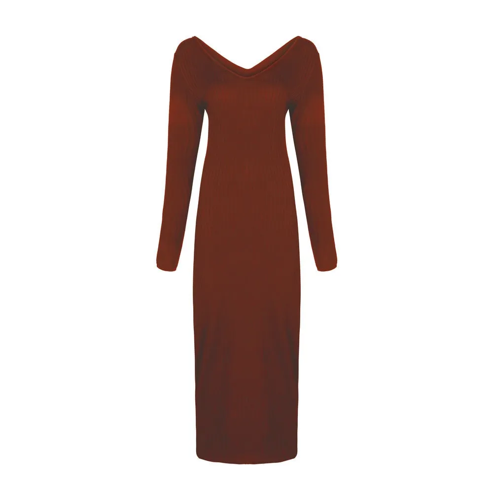 VenusFox  Knitted Long Sleeve V Neck Bodycon Maxi Dress