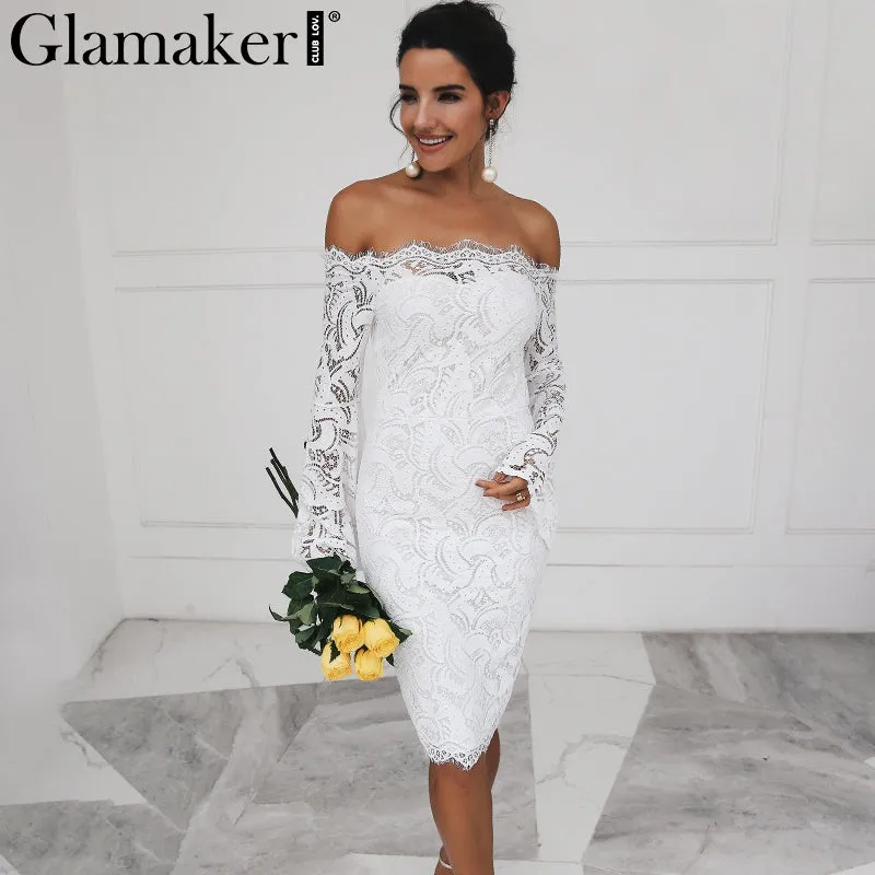 VenusFox Off Shoulder Lace Long Sleeve Bodycon Dress
