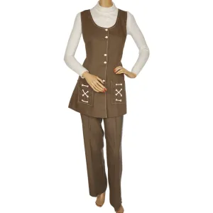 Vintage 1960s 70s Vest &amp; Pants Set Brown Linen Ladies Unused Size M