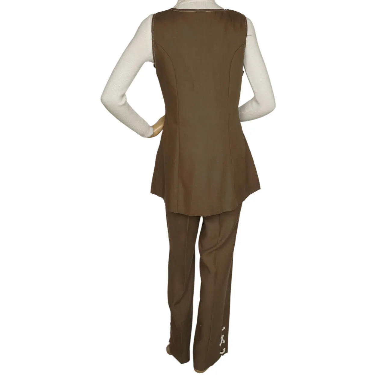 Vintage 1960s 70s Vest &amp; Pants Set Brown Linen Ladies Unused Size M