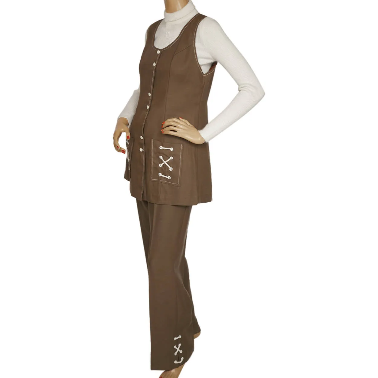 Vintage 1960s 70s Vest &amp; Pants Set Brown Linen Ladies Unused Size M