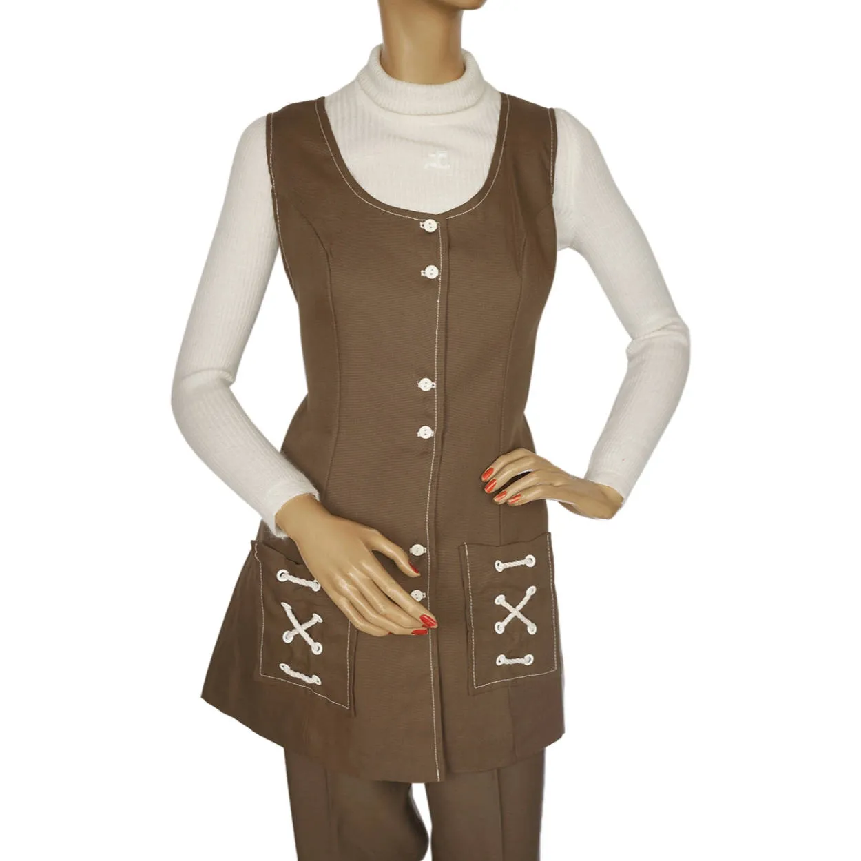 Vintage 1960s 70s Vest &amp; Pants Set Brown Linen Ladies Unused Size M