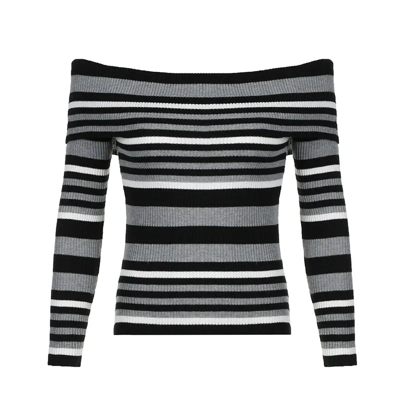 Vintage Fashion Stripe Women Sweaters Knitwears Off Shoulder Pullover Slim Tierred Gothic Autumn Jumpers Knitted Chic