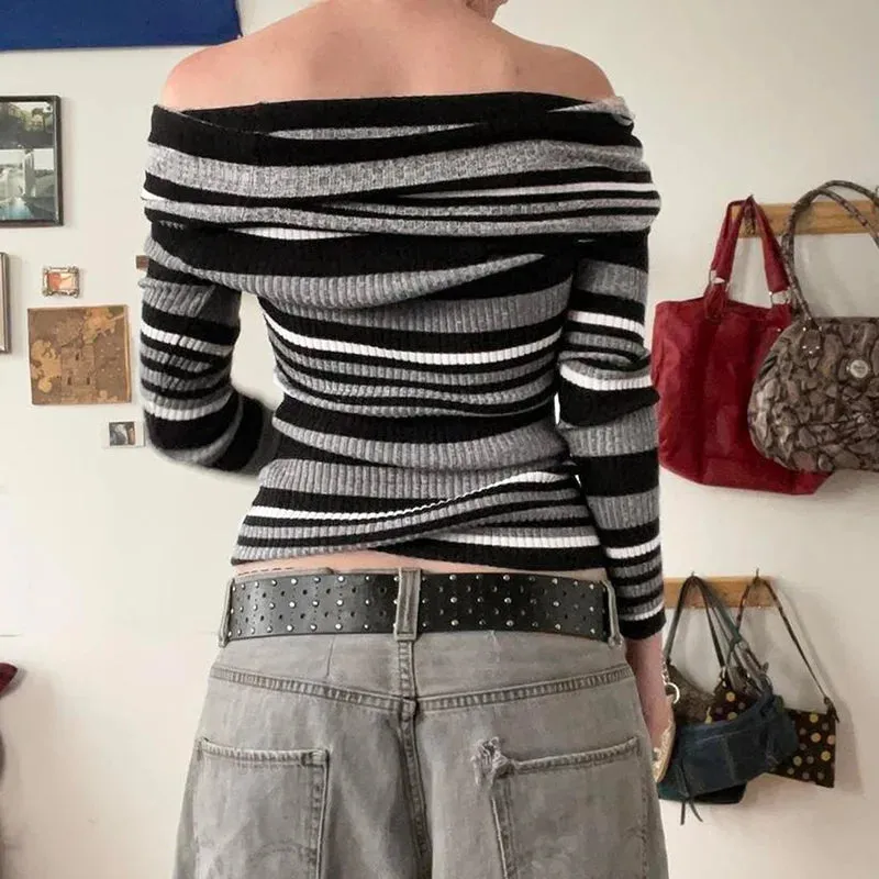 Vintage Fashion Stripe Women Sweaters Knitwears Off Shoulder Pullover Slim Tierred Gothic Autumn Jumpers Knitted Chic