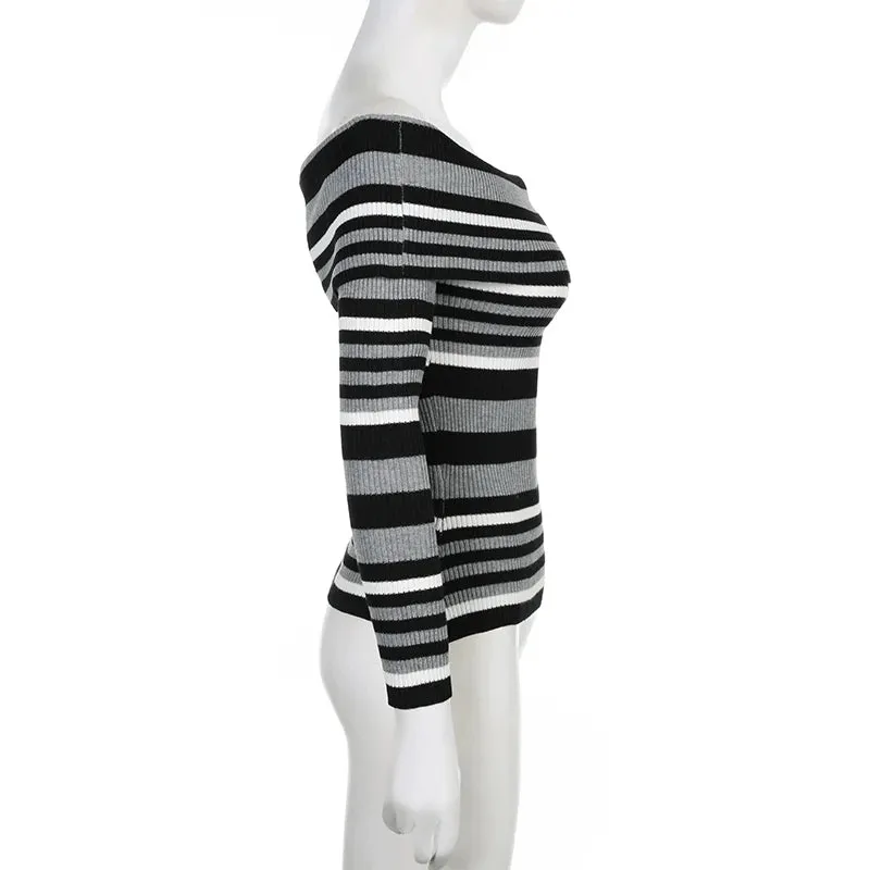 Vintage Fashion Stripe Women Sweaters Knitwears Off Shoulder Pullover Slim Tierred Gothic Autumn Jumpers Knitted Chic