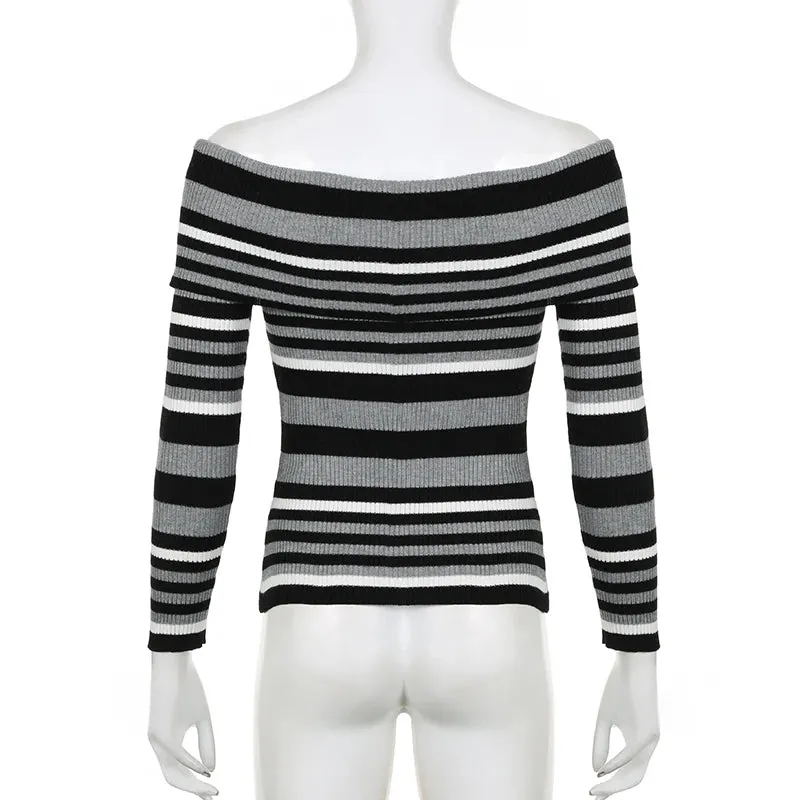 Vintage Fashion Stripe Women Sweaters Knitwears Off Shoulder Pullover Slim Tierred Gothic Autumn Jumpers Knitted Chic