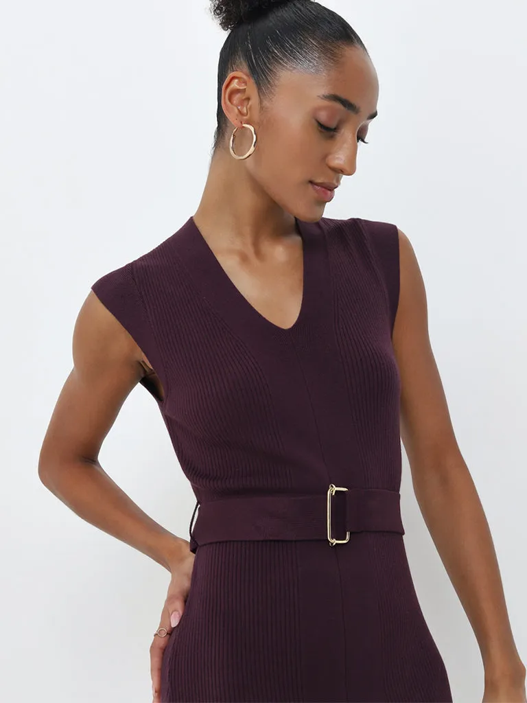 Wardrobe Purple Ribbed Bodycon Dress with Belt