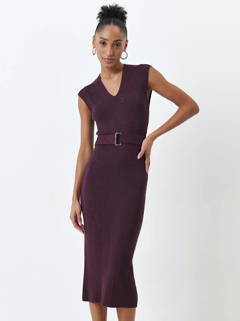Wardrobe Purple Ribbed Bodycon Dress with Belt