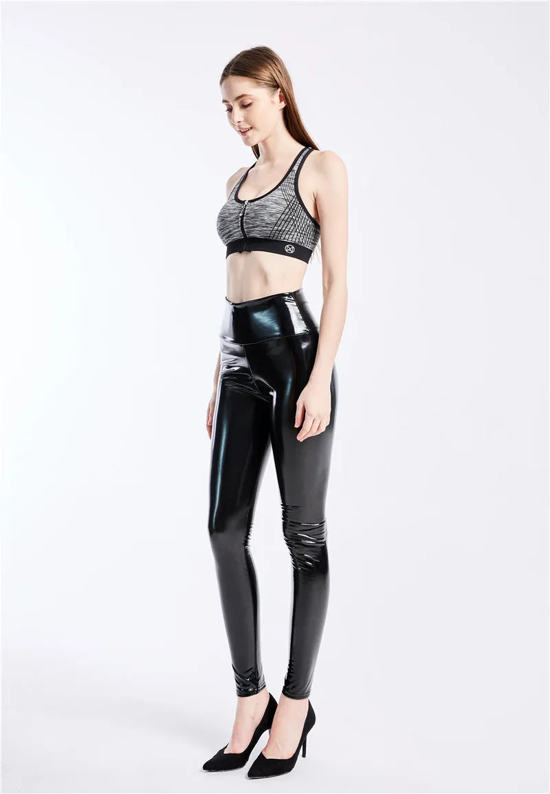 Wjczt Push Up Women Black Leggings High Waist Elastic PU Leather Skinny Pants Shiny Wet Look Metallic Latex Ankle-Length Bottom