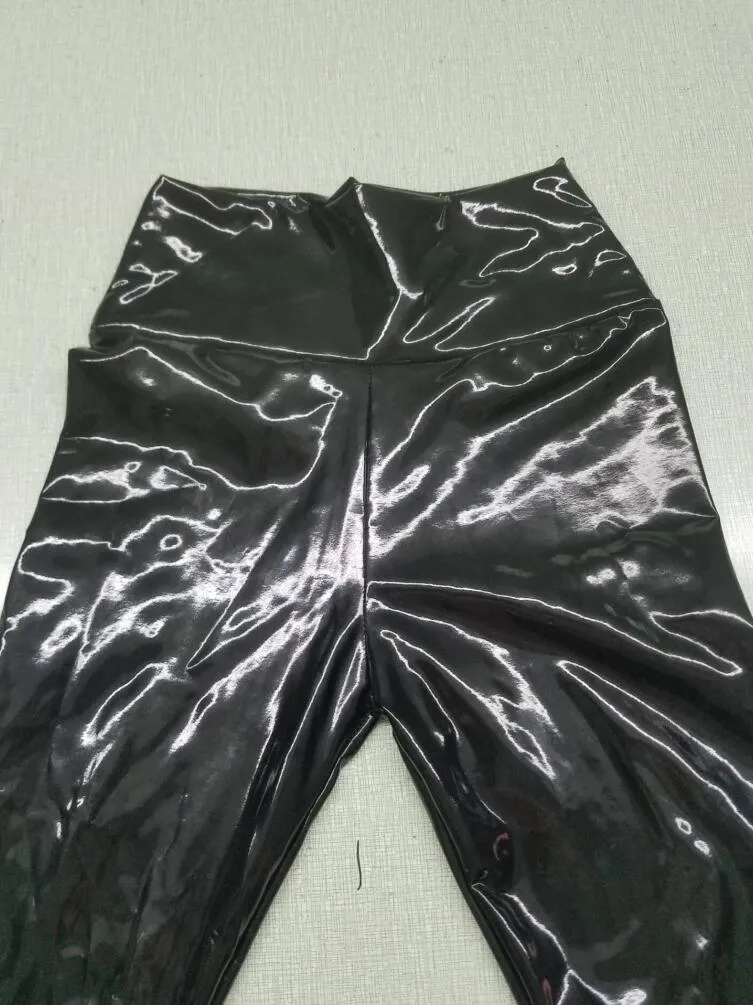 Wjczt Push Up Women Black Leggings High Waist Elastic PU Leather Skinny Pants Shiny Wet Look Metallic Latex Ankle-Length Bottom