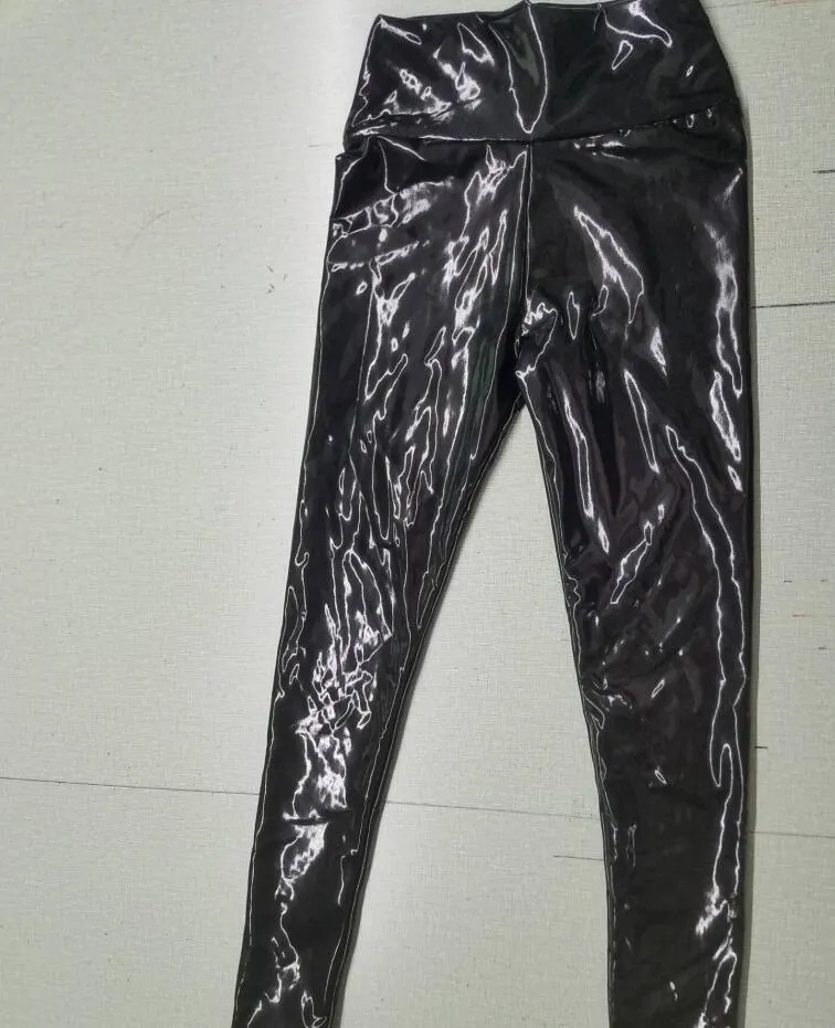 Wjczt Push Up Women Black Leggings High Waist Elastic PU Leather Skinny Pants Shiny Wet Look Metallic Latex Ankle-Length Bottom