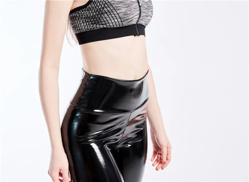 Wjczt Push Up Women Black Leggings High Waist Elastic PU Leather Skinny Pants Shiny Wet Look Metallic Latex Ankle-Length Bottom