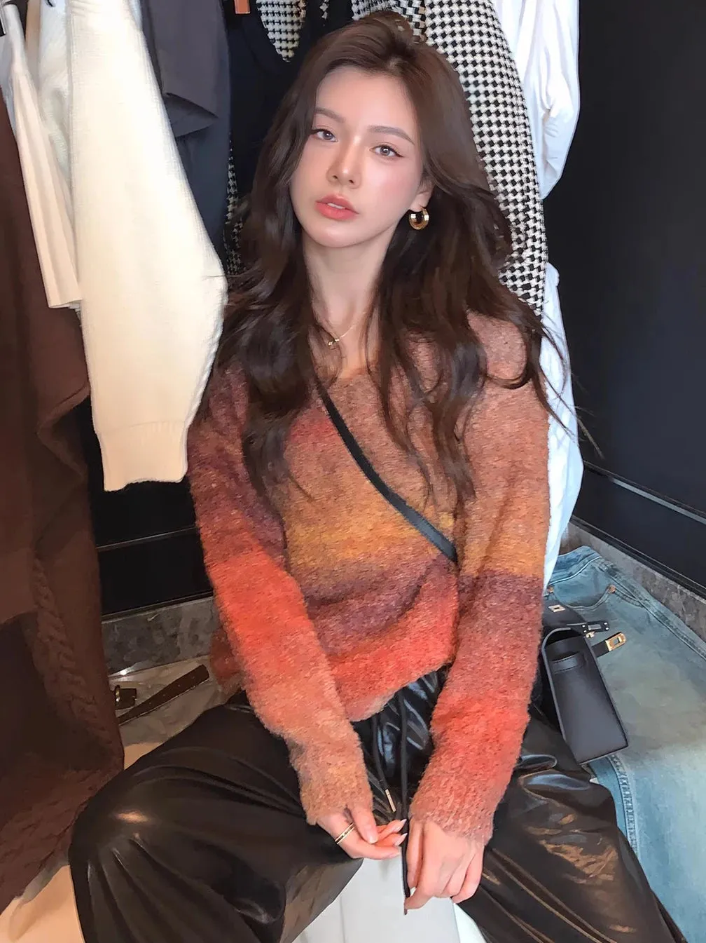 Women Sweater Winter Long Sleeve V Neck Loose Knitwear Colored Fashion Chic Warm Soft Tops C-288