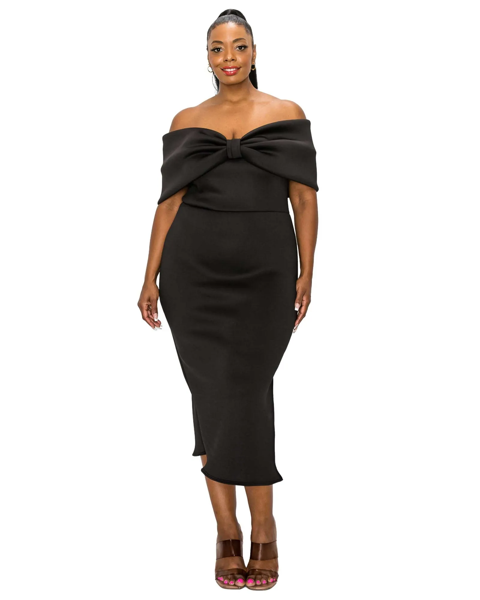 Zariah Ribbon Detail Midi Dress | Black