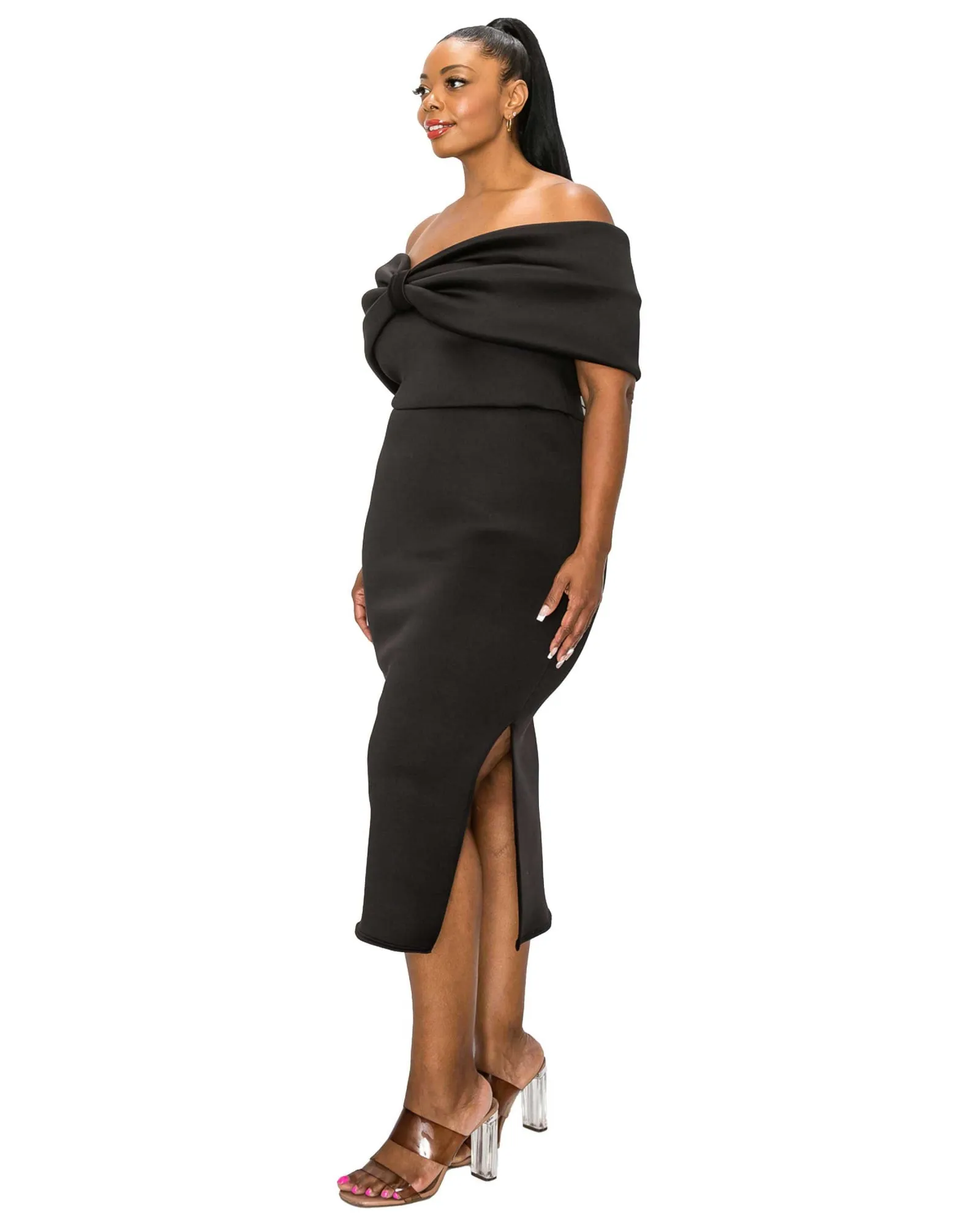 Zariah Ribbon Detail Midi Dress | Black