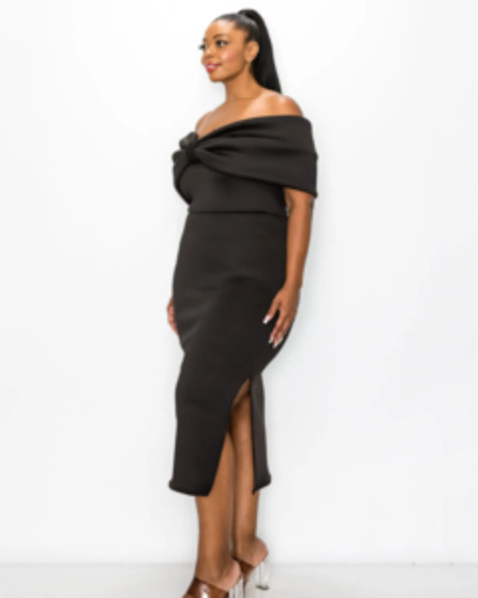 Zariah Ribbon Detail Midi Dress | Black